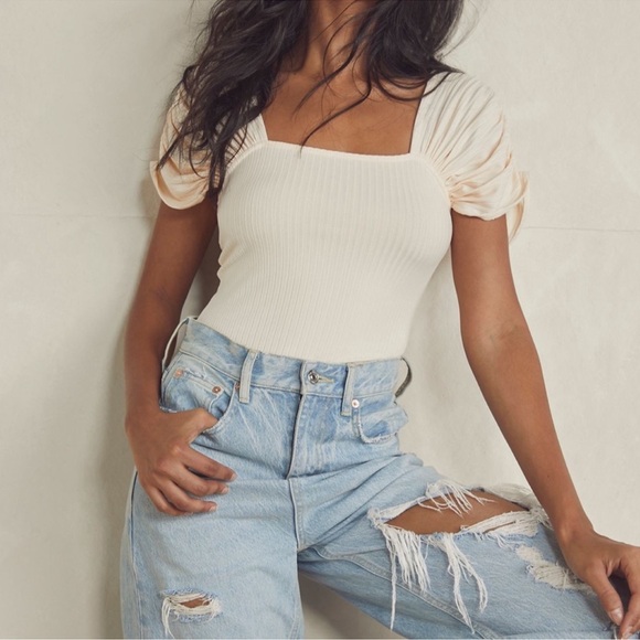 Free People Black Ribbed Ruched Sleeve Front Row Bodysuit (Size Small) - Picture 9 of 9